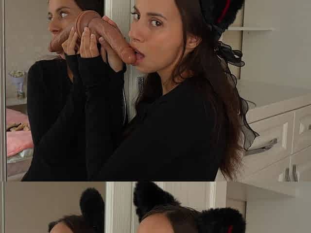 Catgirl Sucks Dildo on the Mirror