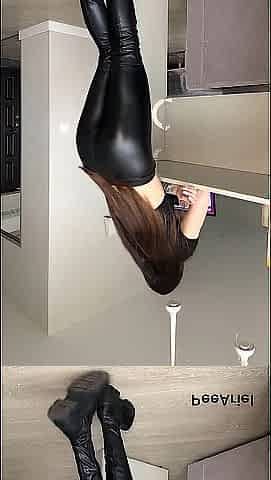 Full of urinate leather leggings and boots whilst watching pee porn