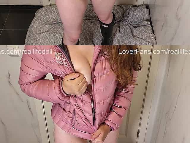 POV banging in pink down jacket and hunter boots