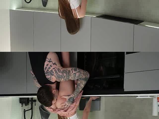 Brunette Babe Fucks Tattooed Guy in Modern Kitchen