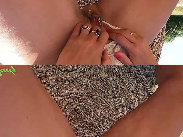 MILF Outdoor with White Panties Pee Standing Close up on Her Pierced Pussy