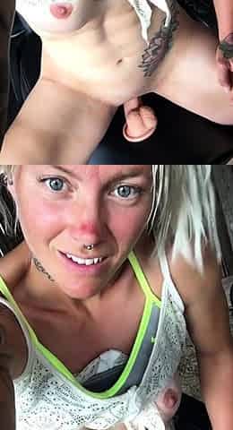 Outdoor solo masturbation scene with curly blonde