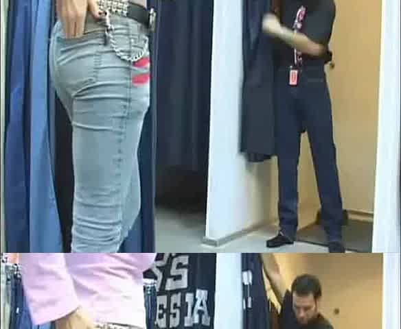 Hot busty brunette Russian shop assistant brutally fucked standing in the booth - eats his cum