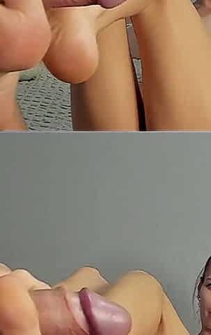 Foot Fuck with Messy Cum on Sandy's Barefeet While She Talk Dirty with Cuckold Loser
