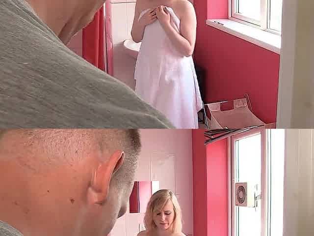 Fascinating blond teen banged and facialized in the washroom
