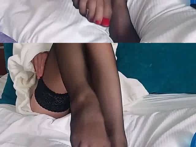 Long-toed cutie teases with feet in stockings and barefoot.