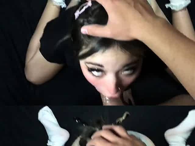 MewSlut Gets Facial After Giving Nasty Blowjob On Her Knees