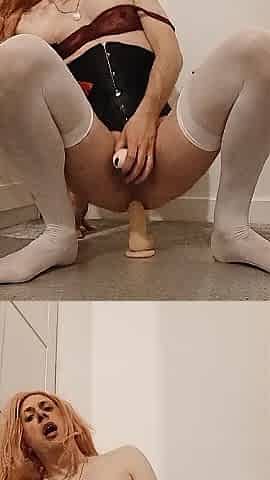 Sexually excited Sissy Alicia tries to sissygasm riding her sex toy