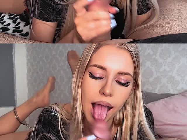 Handcuffed oral pleasure, footjob and cunt bang in naked hose