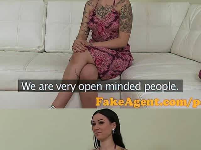 FakeAgent Tiny brunette hair with tattoos takes facial in Casting