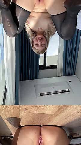 Blond teen shows her taut soaked twat