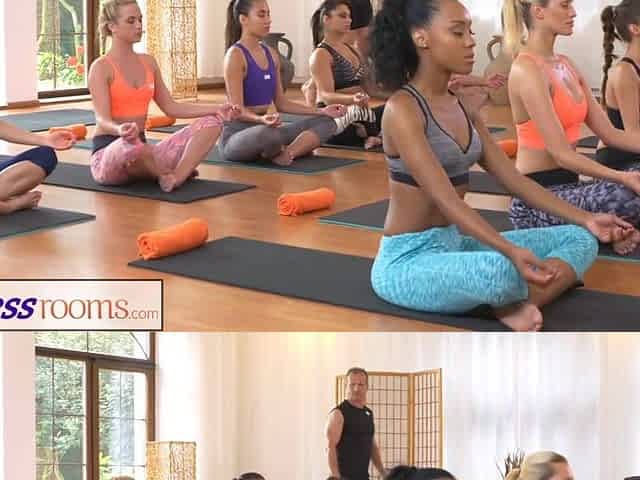 FitnessRooms Perspired cleavage in a room full of yoga hotties