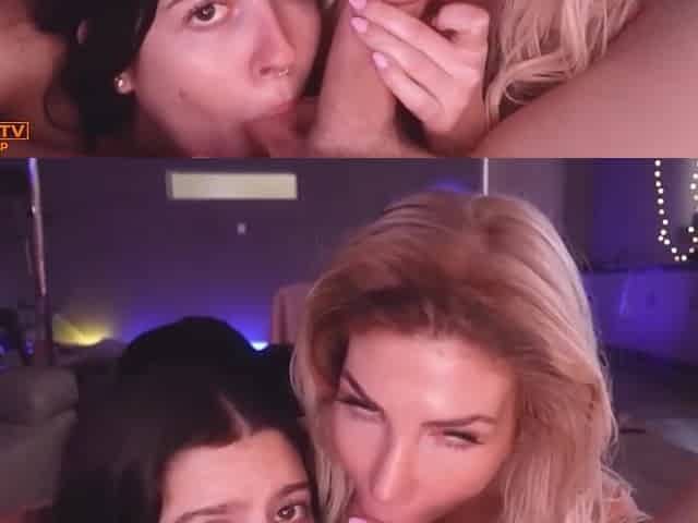 Threesome Sluts Share Thick Cock Double Blowjob & Pussy Pounding