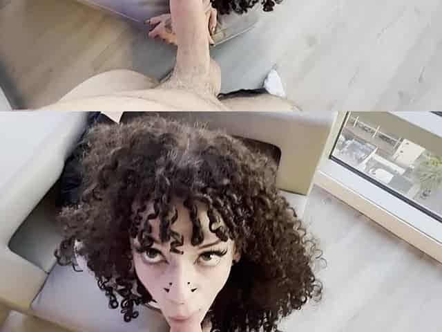Horny curly haired chick gives me a nice blowjob , then bends over and gets fucked doggystyle