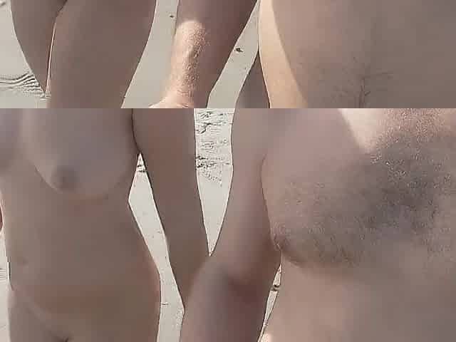 stepfather and stepdaughter walk stripped on a public beach