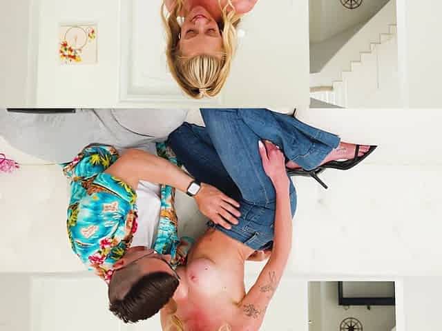A busty blonde milf, Barbie Feels, gets fucked hard by her boyfriend in jeans.