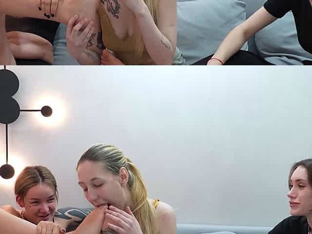 Amateur blonde and brunette lick each other