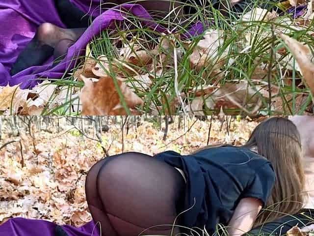 Public fuck in autumn forest with a big-ass teen bitch.