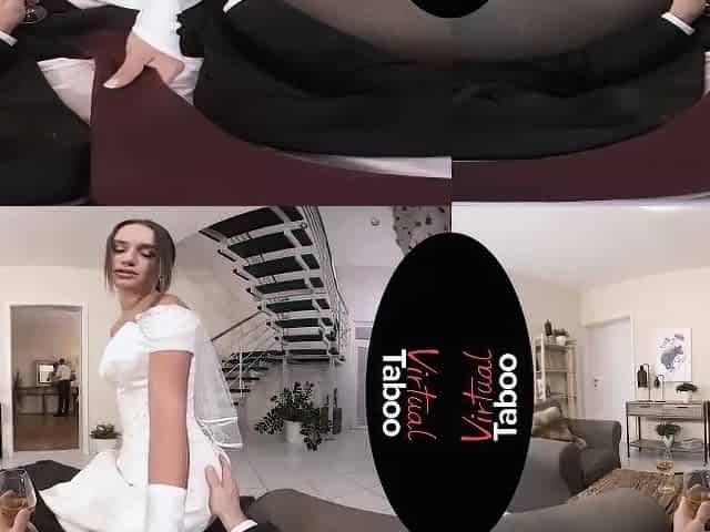 Sexy dark-haired bride gives her husband and father a
