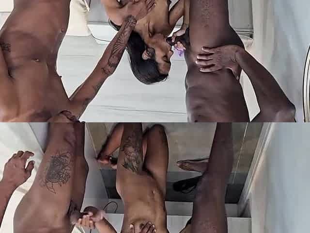 Small teen Jasmine Santanna giving her butt to 2 gifted lads and getting milk in her throat