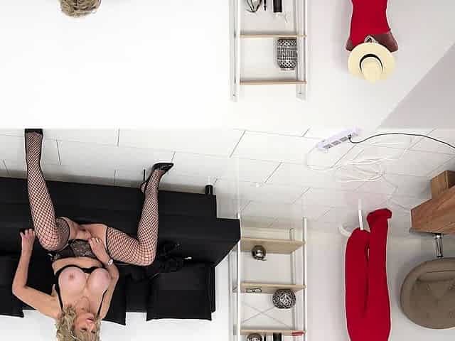 Non stop blonde with big boobs cock jerks off on the bed