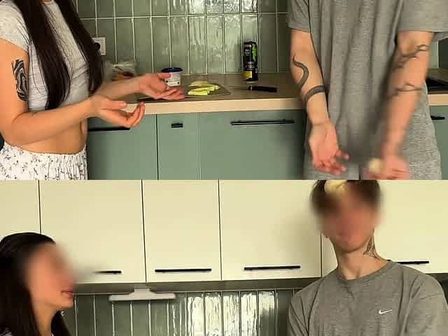Breakfast turned into sex with squirt and cum on her ass