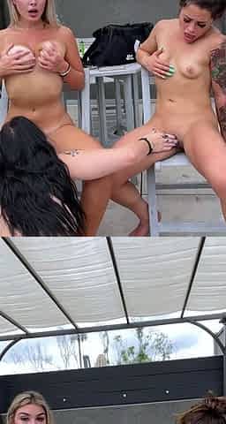 Two sexy brunette lesbians licking each others pussies