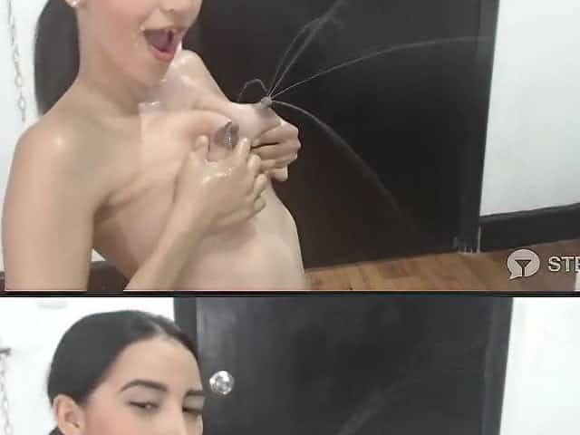 Girl didn't expect such a big fountain of milk from her tits