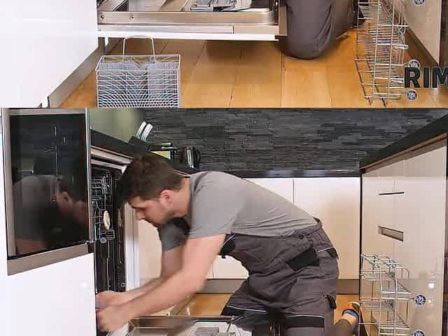 RIM4K. Gal interrupts repairer and begins licking his butt by the dishwasher