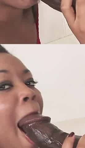 Latina girl in a red fishnet dress gives a blowjob to a black cock that cums in his mouth