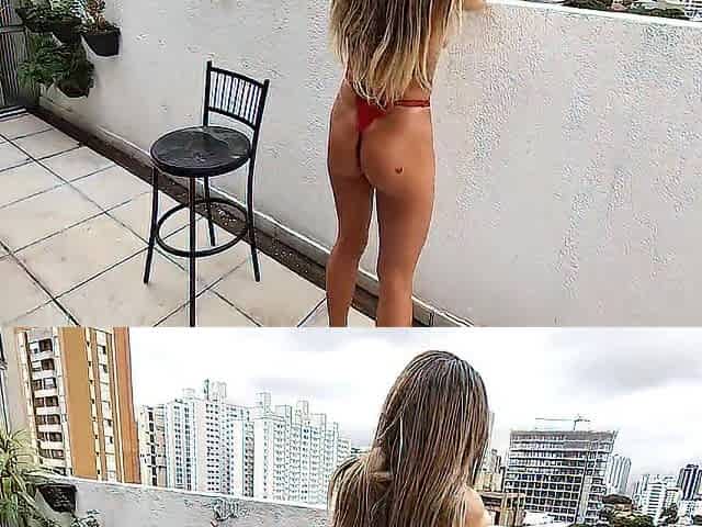 Youthful Prostitute Shows off on Client's Balcony and Enjoys Getting Anything Soaked (squirt)