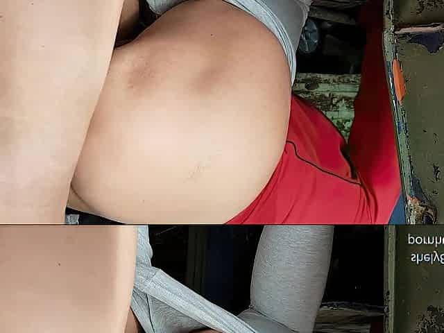 outdoor quickie, with a large ass in leggings and no pants,jizz flow