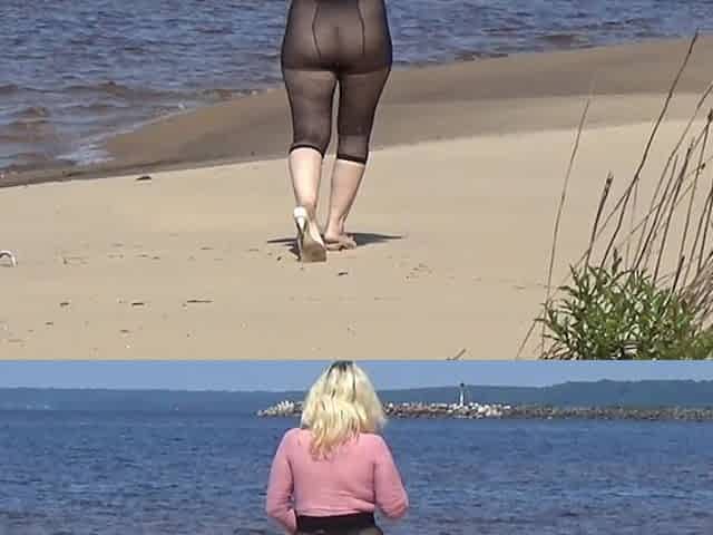 Funny MILF with Nylon Ass and Tits on Beach