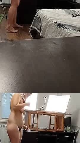 Sexy Wife Workout at Home Naked. Sexy Brunette Tries on Pantyhose
