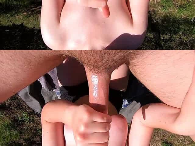 Big-Tits Brunette Gives Outdoor Handjob in the Woods