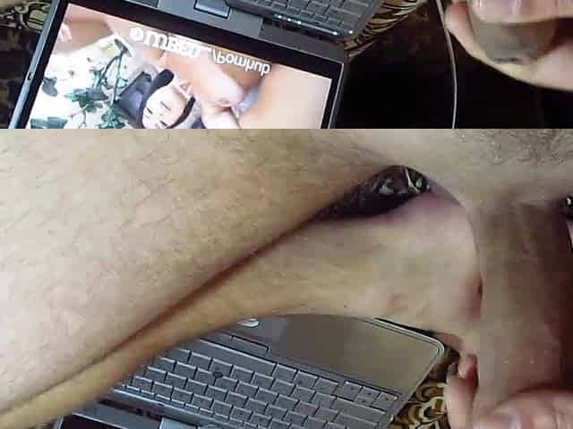 Tugjob penis watching porn and large jizz flow - Slow motion