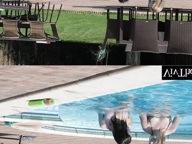 Pool side lovers have a fun every others moist bodies