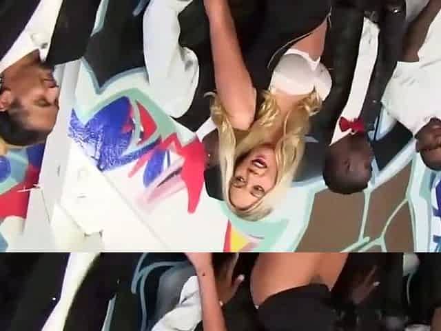 Busty blonde takes meaty cock from dark-hued men
