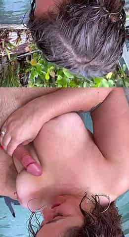 Big tit brunette sucks a big cock POV