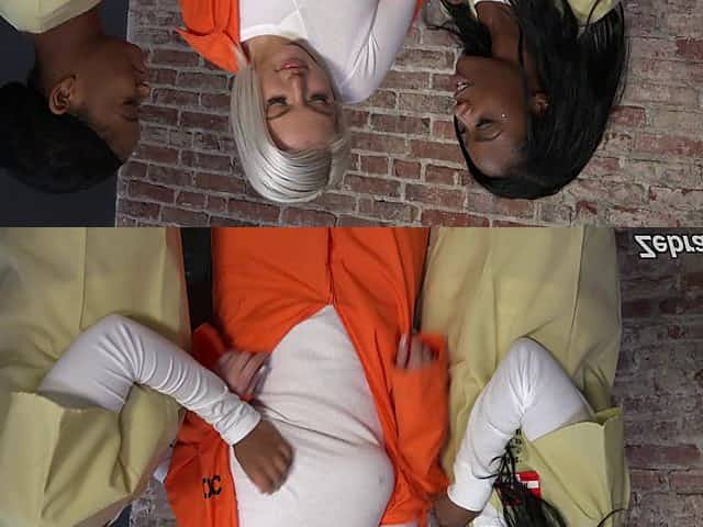 Two ebony lesbian pornstars fuck a hot white chick in prison