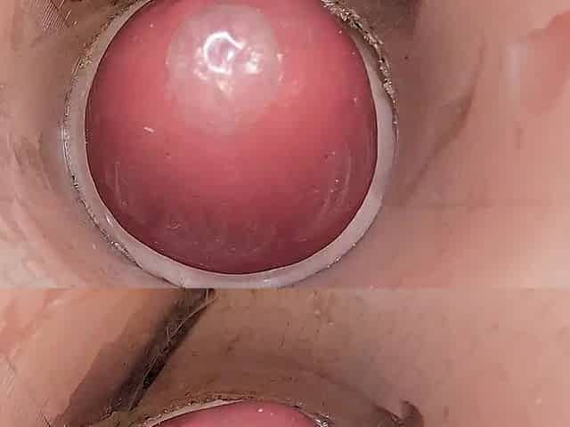 The camera in the unfathomable cunt records a giant jizz flow of semen into the cock-sock