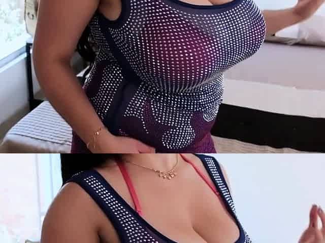Busty curly brunette with big boobs fucks on couch