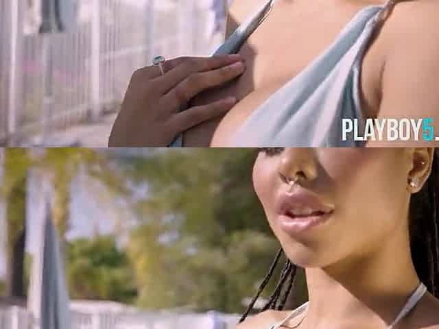 Large titties and ideal butt ebony pornstar Kira Noir solo outdoor