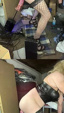 Massive sex toy, fishnet nylons and screwing machine
