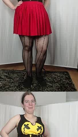[4k] Patterned Pantyhose and Red Mini Skirt Try on