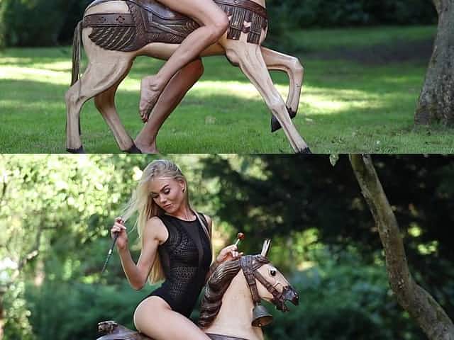 Solo blonde Nancy A poses naked and rides a long red dildo