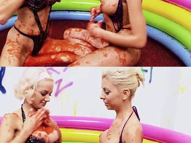 Jello wrestling and vehement fingering with 2 breasty playful blondes