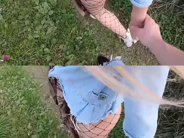 Lustful Blonde In Fishnet Pantyhose Walks In Nature Her Perfect Ass, Sucks Cock, And Has Intense Outdoor Sex Pov
