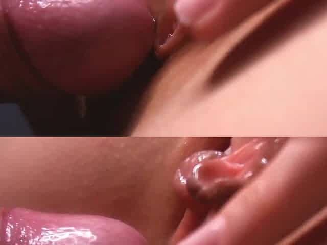 Close-up vagina bang fetish. Cum on red lips in lipstick