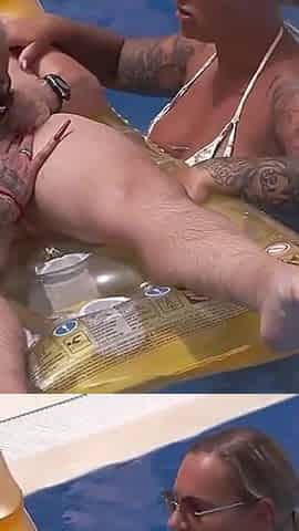 German Pornstar Kira Knight and Jeaninne Hot Threesome at the Pool with Young Guy